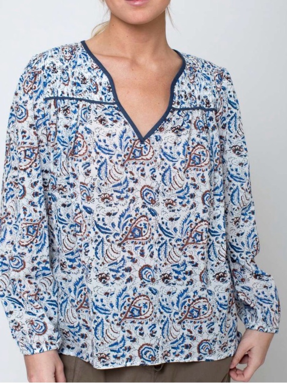 XIRENA EMRYN BLUE BROWN WHITE PAISLEY LONG SLEEVE BOHO BLOUSE SZ MEDIUM